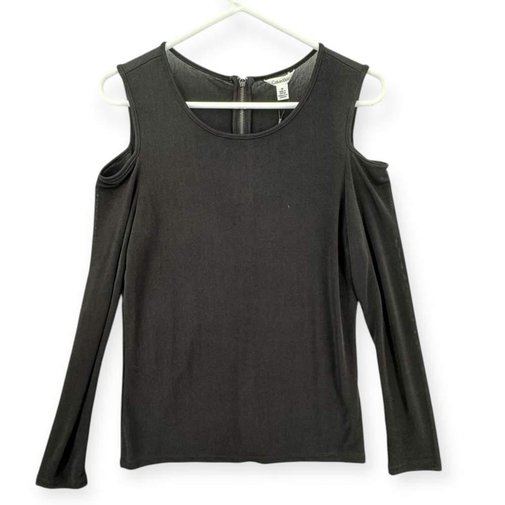 Calvin Klein Cold Shoulder Top Womens Medium Black Knit Lined Stretch Blouse NWT